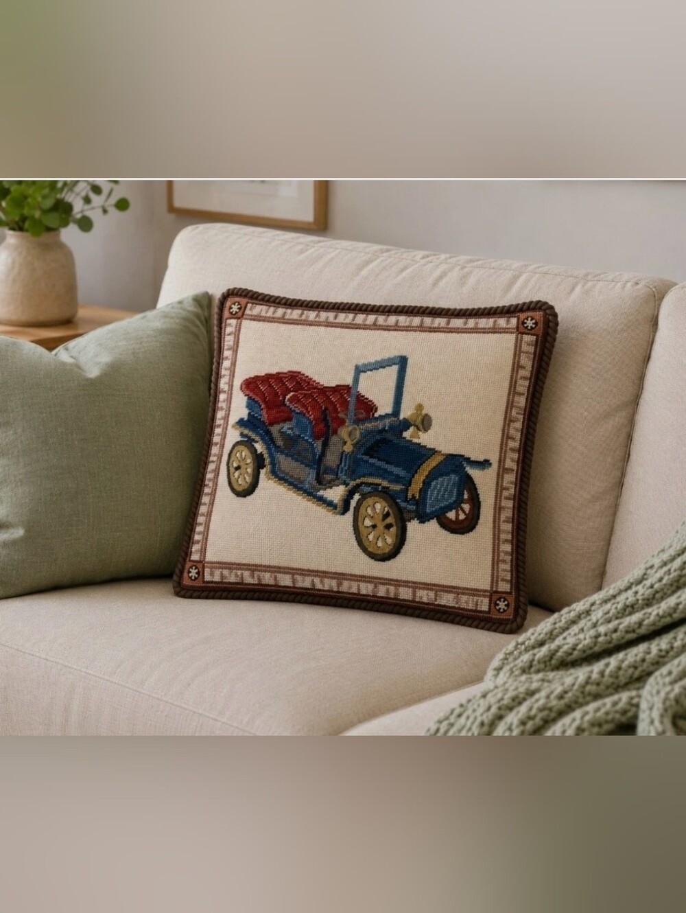 Vtg Needlepoint Handmade Wool Velvet Pillow Cover Antique Car Automobile 14x16